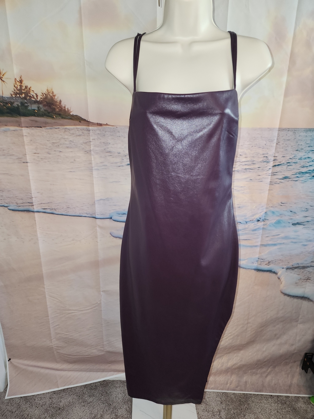 MAJORELLE Deep Plum Faux-Leather Midi Slip Dress